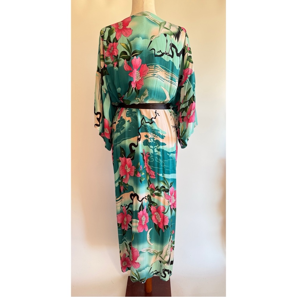 Kimono Robe Asian Print Satin Tie Small Full Length Flowy Festival - Picture 9 of 14